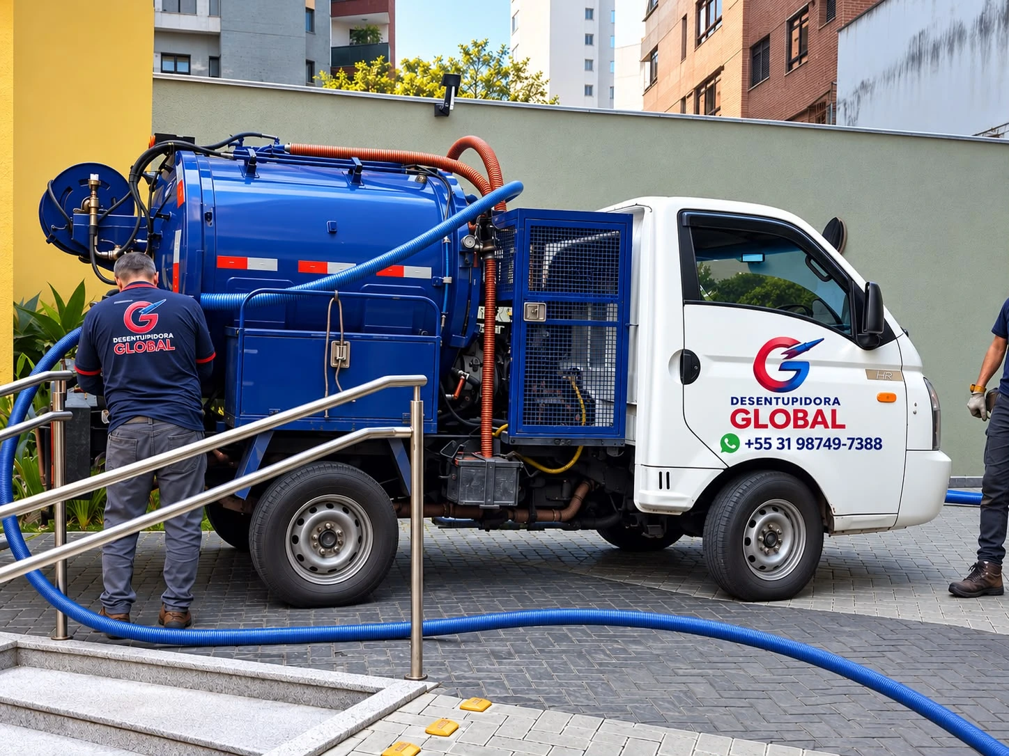 Caminhão de sucção e equipe da Desentupidora Global em atendimento